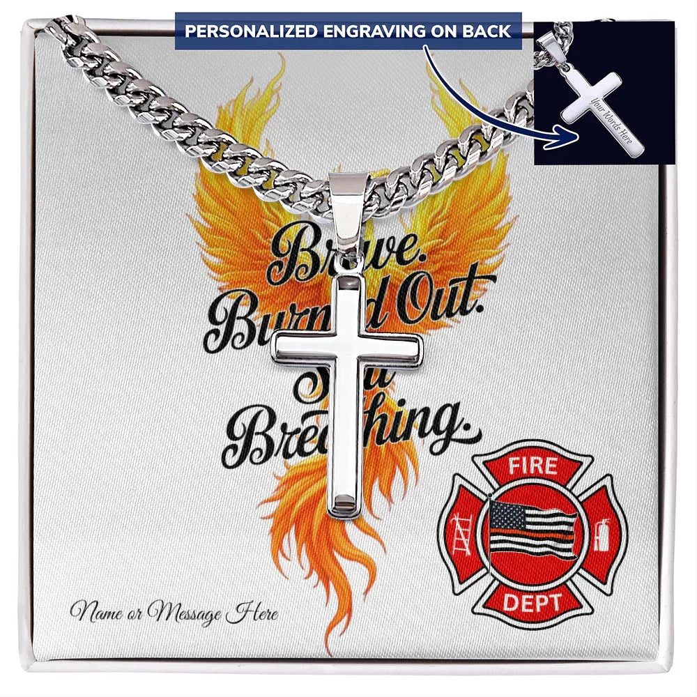 Shop our brave burned out still breathing cross cuban link chain featuring the Standard Box style option from MySisterIsASurvivor.