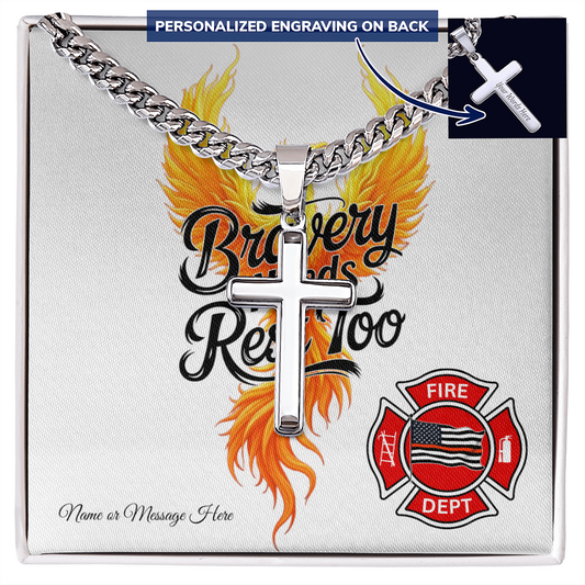 Firefighter cross necklace with Bravery Needs Rest Too message promoting rest and mental wellness
