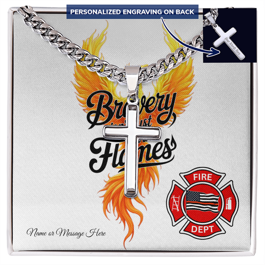 Firefighter cross necklace with Bravery Isn't Just in the Flames message for mental health and resilience