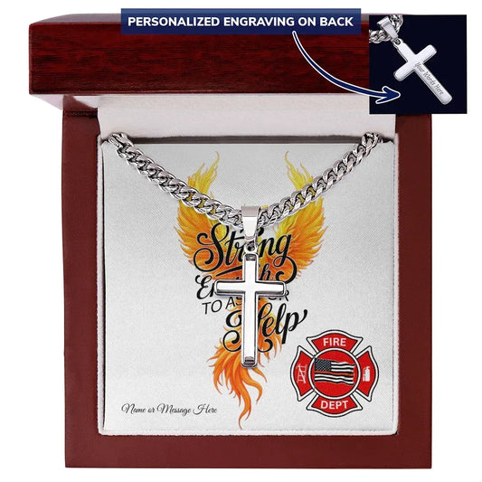 Firefighter cross necklace with Strong Enough to Ask for Help mental health awareness message