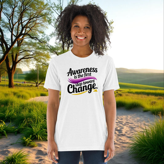 Awareness Is the First Step Toward Change unisex tri-blend t-shirt, personalized domestic violence awareness and empowerment apparel