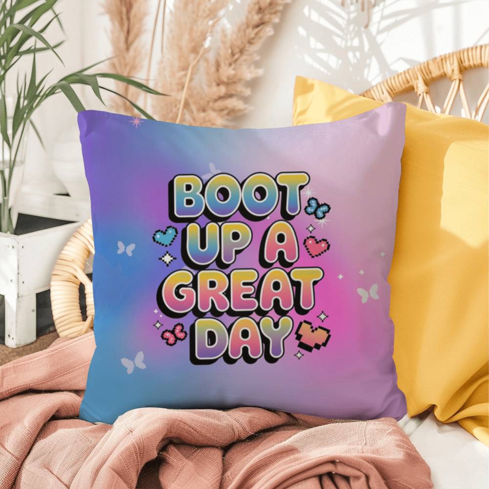 Boot Up a Great Day Y2K motivational pillow custom name self-care gift - MySisterIsASurvivor