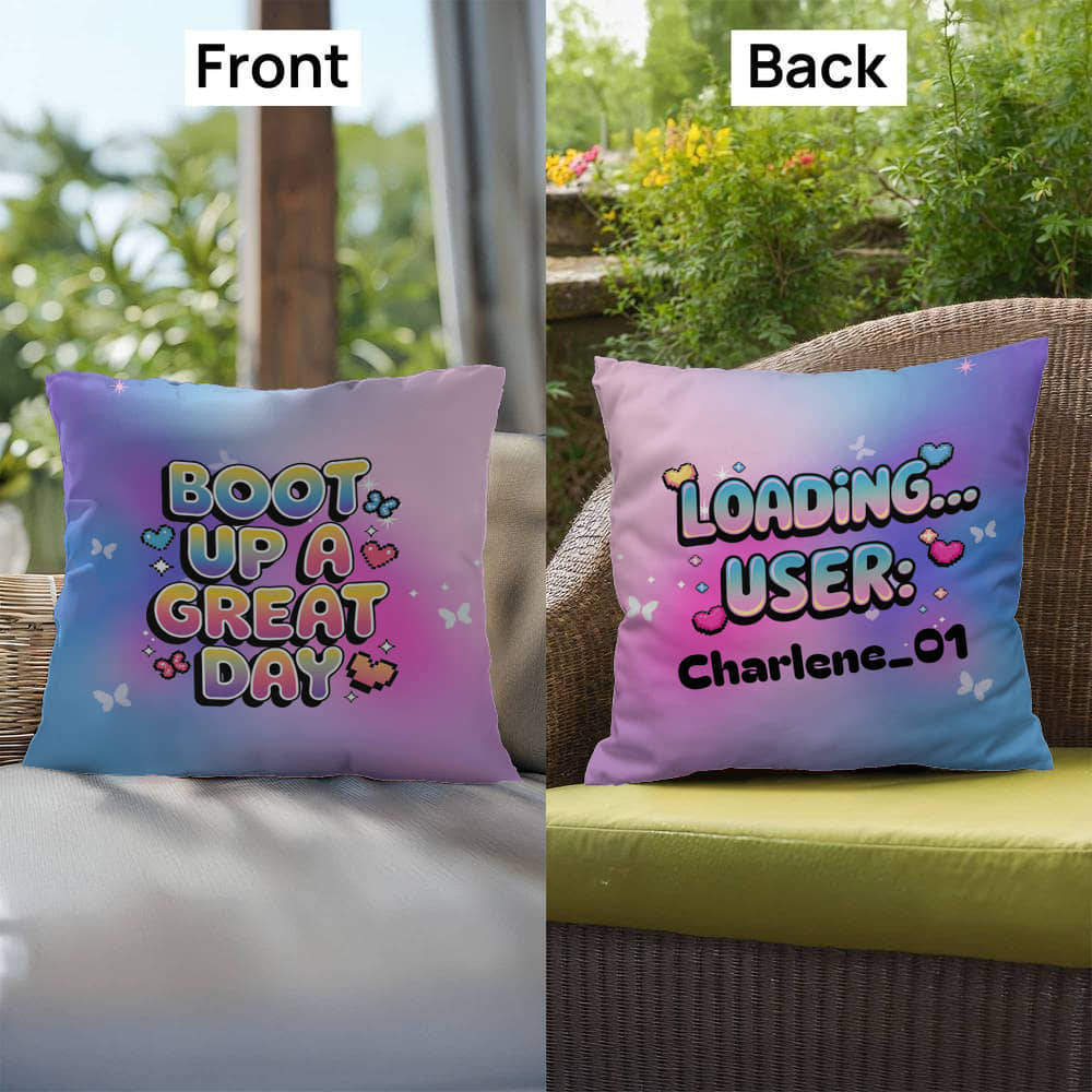 Boot Up a Great Day Y2K motivational pillow custom name self-care gift - MySisterIsASurvivor