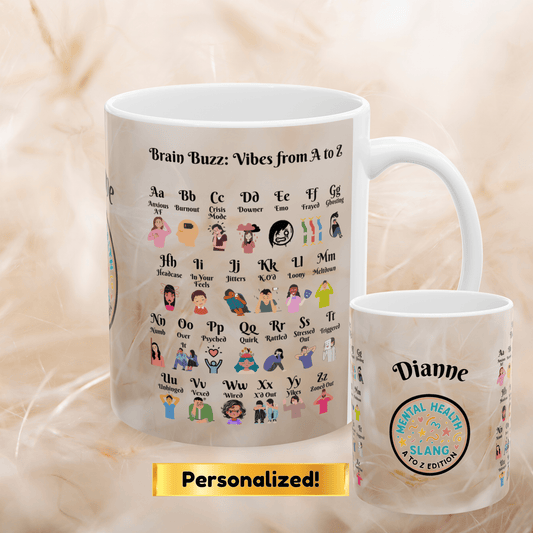 Brain Buzz Vibes A-Z Mug, Custom Mental Health Therapy Gift, Personalized Self-Care Coffee Cup