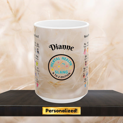 Brain Buzz Vibes A-Z Mug, Custom Mental Health Therapy Gift, Personalized Self-Care Coffee Cup