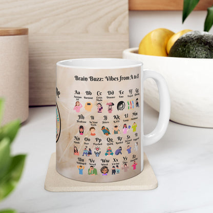 Brain Buzz Vibes A-Z Mug, Custom Mental Health Therapy Gift, Personalized Self-Care Coffee Cup