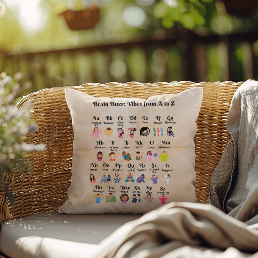 Brain Buzz Vibes from A to Z Personalized Indoor/Outdoor Pillow - Mental Wellness Slang Pillow, Supportive Gift, Therapy Decor - MySisterIsASurvivor