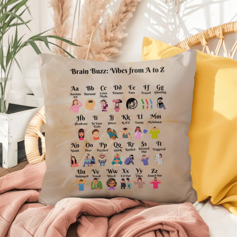 Brain Buzz Vibes from A to Z Personalized Indoor/Outdoor Pillow - Mental Wellness Slang Pillow, Supportive Gift, Therapy Decor - MySisterIsASurvivor