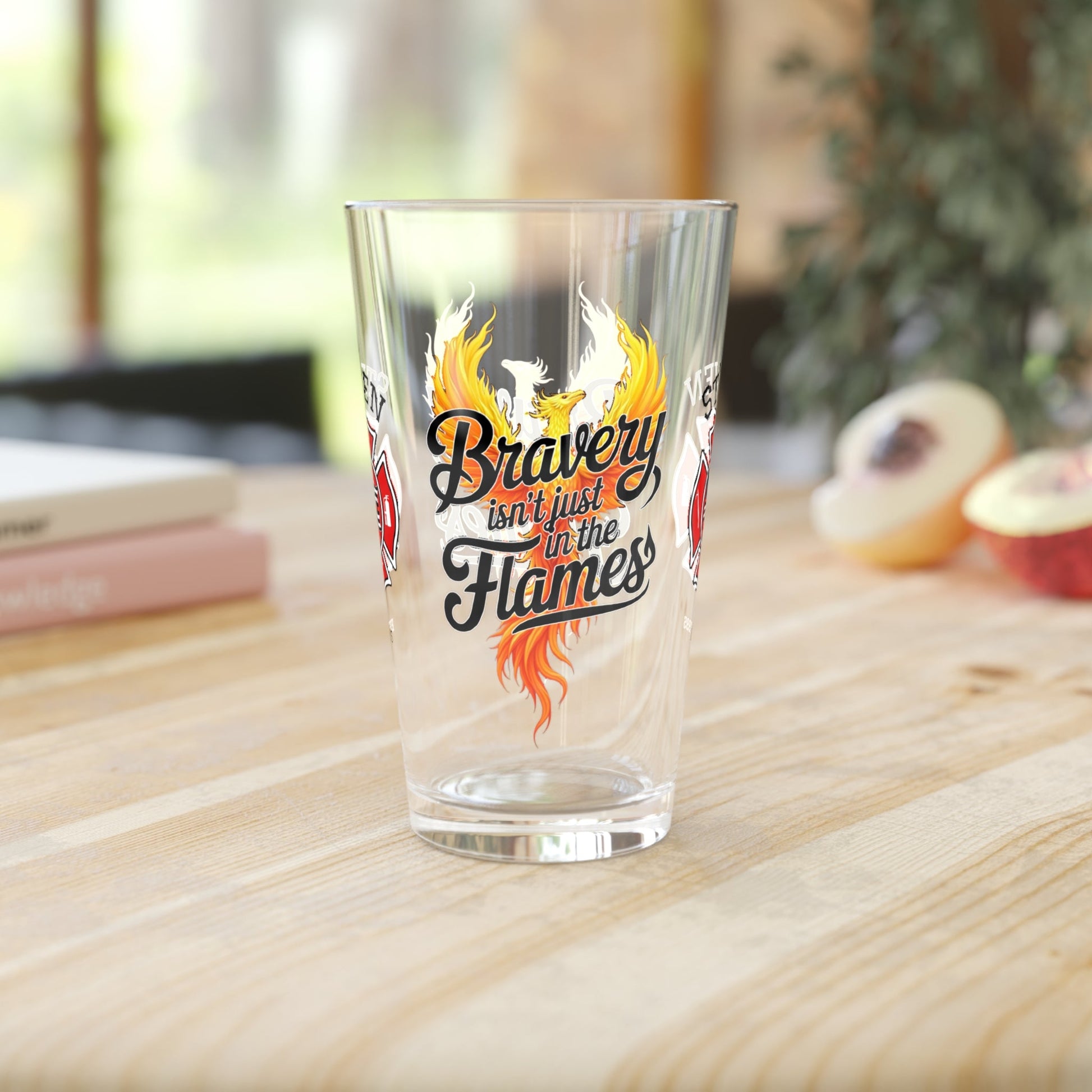 Courage and mental health support pint glass for firefighters who show bravery in and out of the flames. - MySisterIsASurvivor