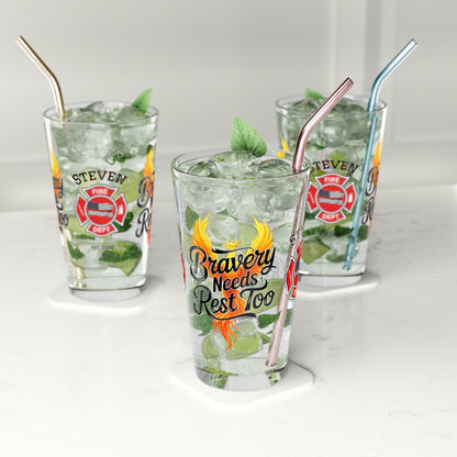 Bravery Needs Rest Too pint glass encouraging firefighters to recover, recharge, and care for their mental health. - MySisterIsASurvivor