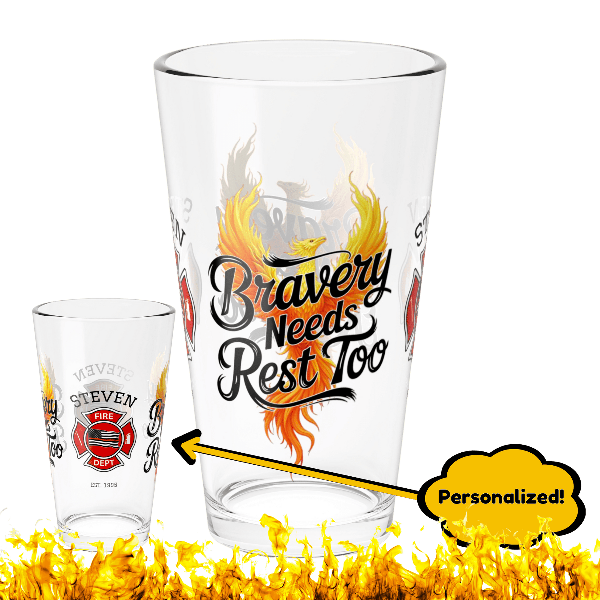 Bravery Needs Rest Too pint glass encouraging firefighters to recover, recharge, and care for their mental health. - MySisterIsASurvivor