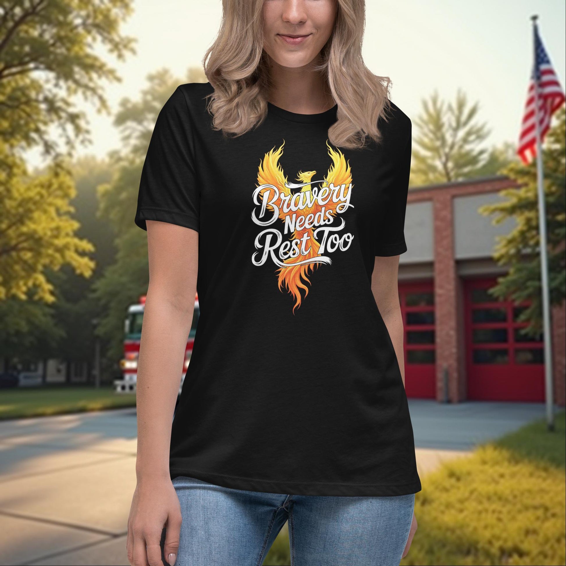 Bravery Needs Rest Too Women’s Relaxed T-Shirt - Firefighter Wellness Support Shirt for Mental Health and Healing - MySisterIsASurvivor