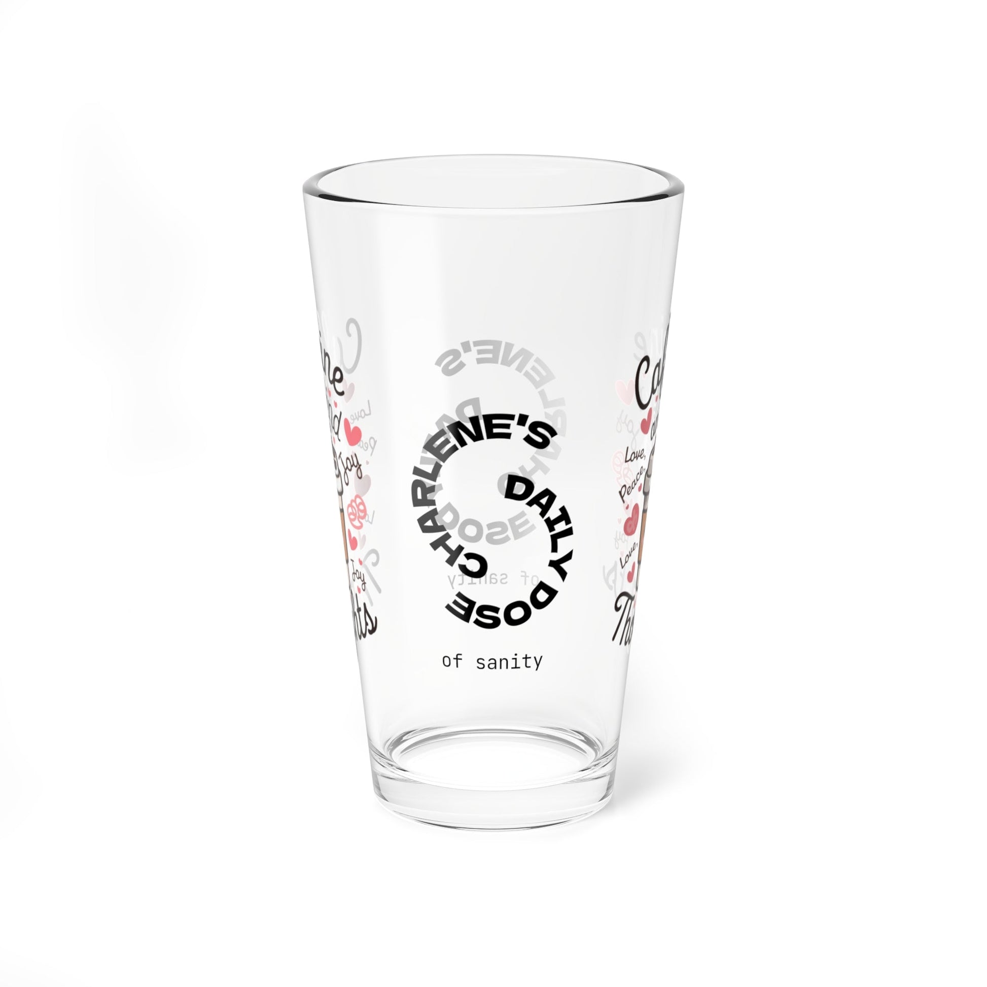 "Caffeine And Kind Thoughts" personalized funny pint glass with humor and daily doses of self-care and positivity.