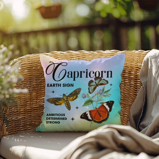 Shop our capricorn butterfly indoor outdoor pillow featuring the 18" x 18" style option from MySisterIsASurvivor.