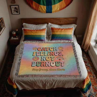 Catch Feelings Not Burnout Personalized Blanket - Retro Mental Health Affirmation Throw - MySisterIsASurvivor