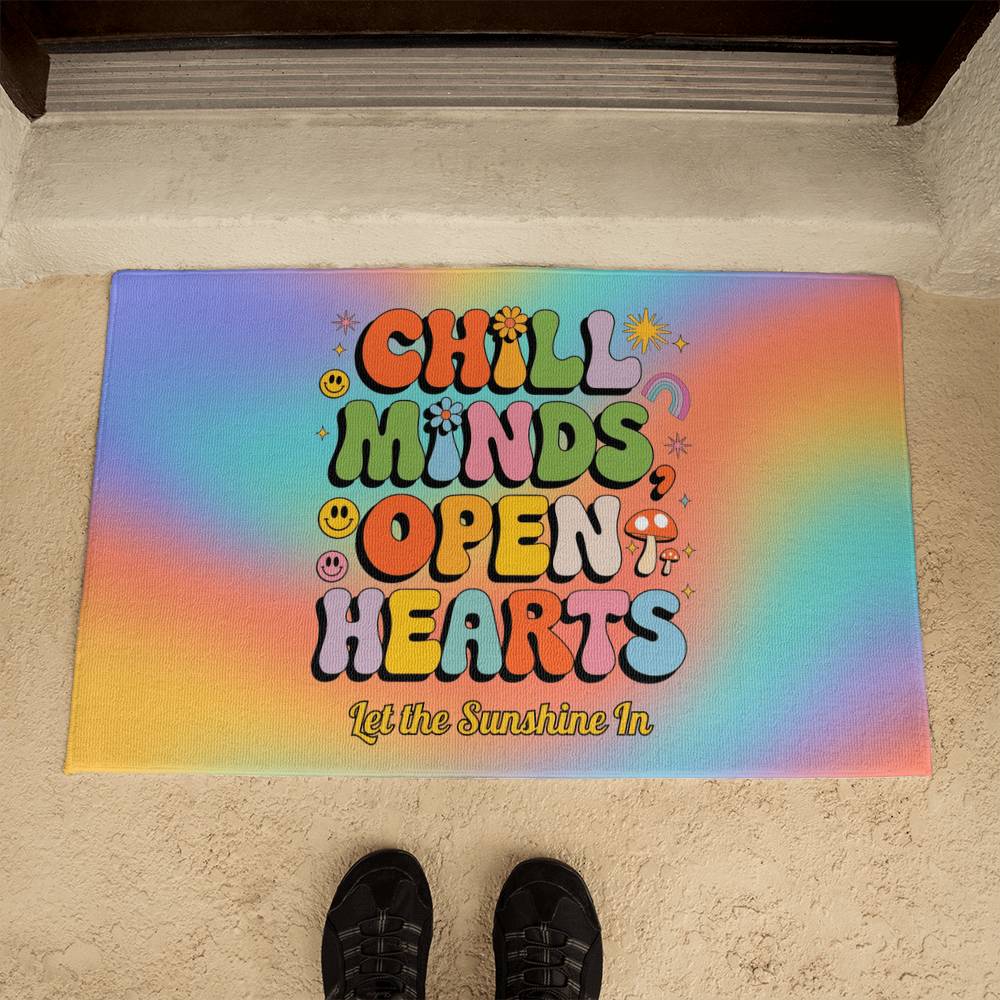 Chill Minds Open Hearts Personalized Welcome Mat - 21"x34" 70s Mental Wellness Rug - MySisterIsASurvivor
