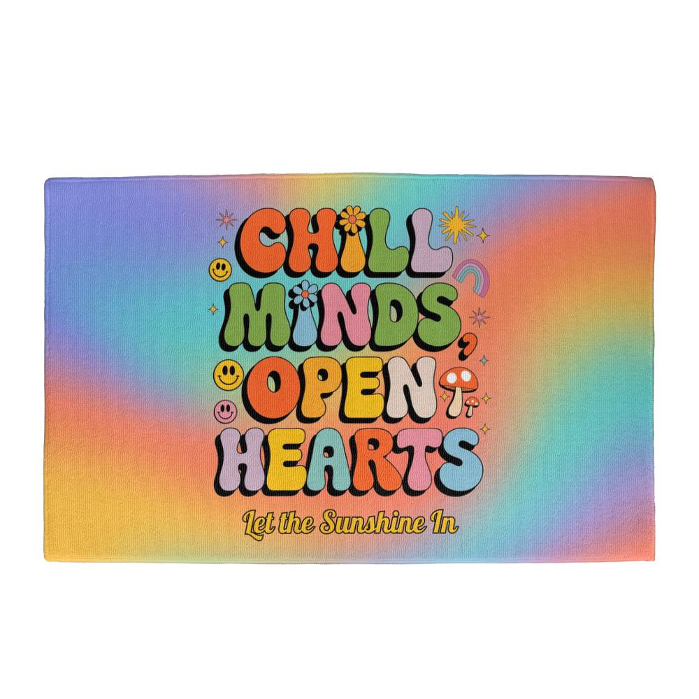 Chill Minds Open Hearts Personalized Welcome Mat - 21"x34" 70s Mental Wellness Rug - MySisterIsASurvivor