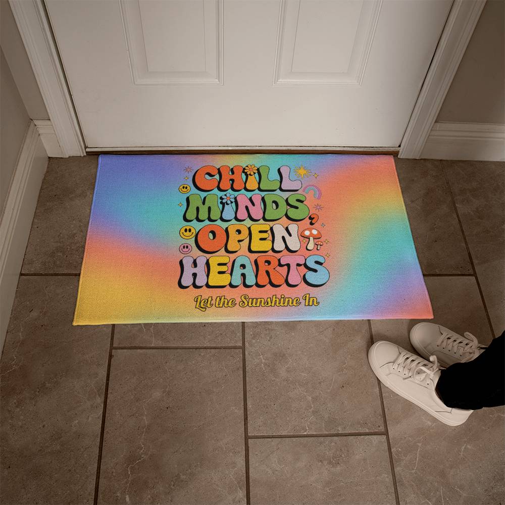 Chill Minds Open Hearts Personalized Welcome Mat - 21"x34" 70s Mental Wellness Rug - MySisterIsASurvivor