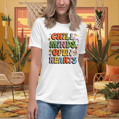 Chill Minds Open Hearts Women's Relaxed T-Shirt - Positive Vibes & Mental Health Shirt - MySisterIsASurvivor