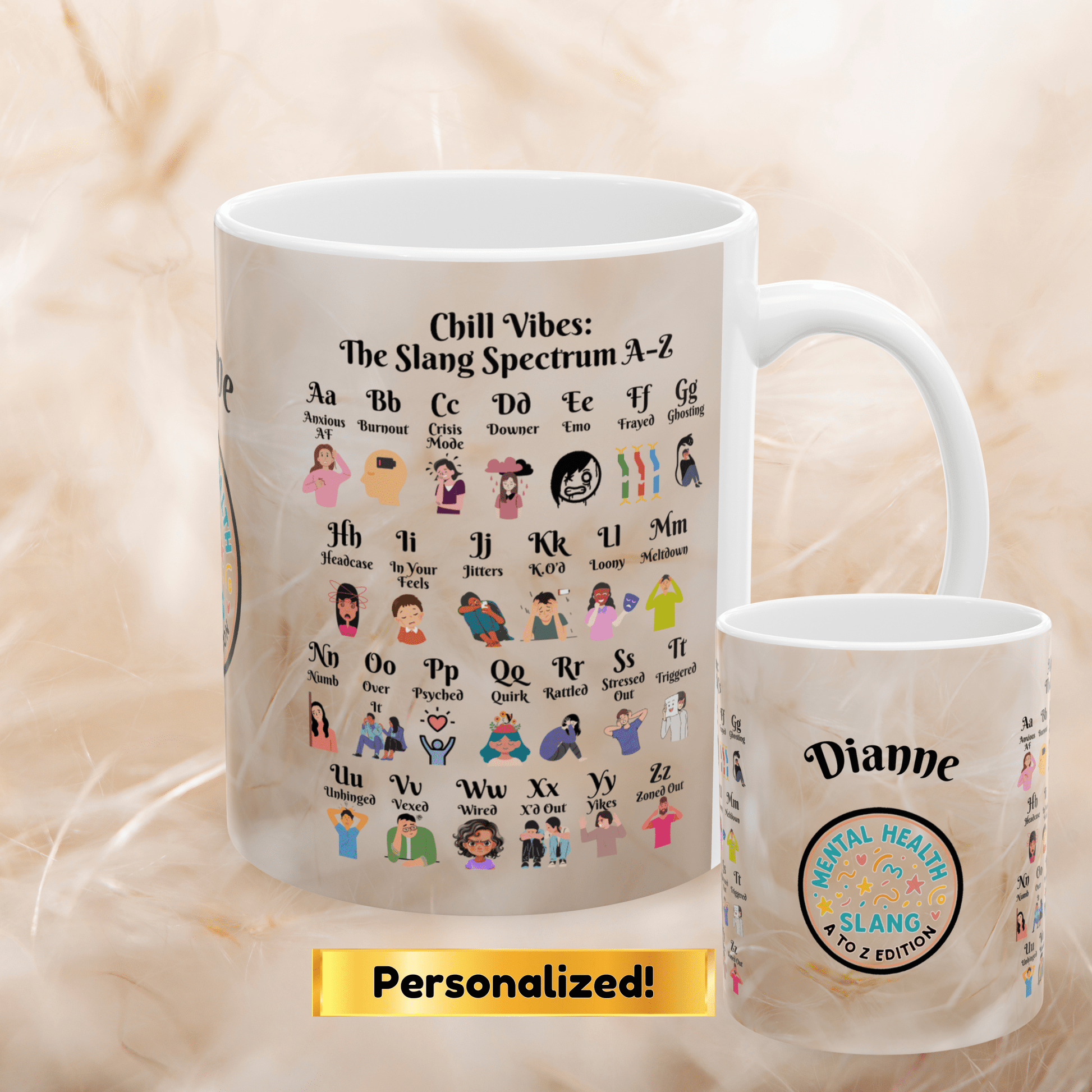 Chill Vibes Slang Spectrum A-Z Mug, Personalized Mental Health, Mindfulness Coffee Cup
