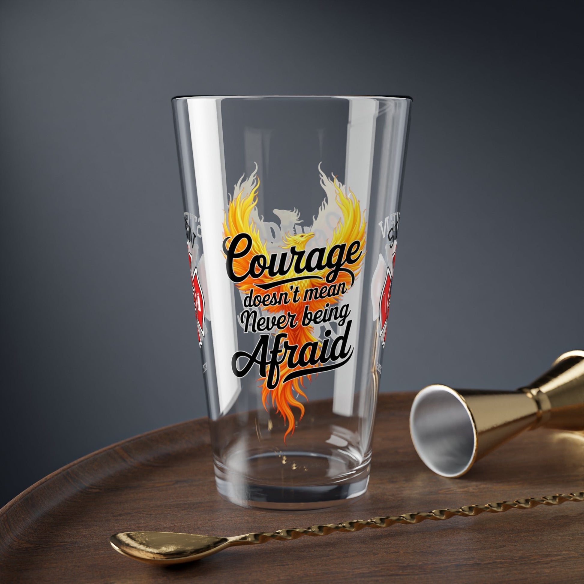 Courage doesn’t mean no fear – firefighter mental health pint glass for emotional strength and resilience. - MySisterIsASurvivor