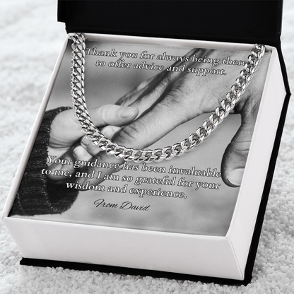 Cuban link chain gift with message card saying “Thank You For Always Being There” – gift for dad or father figure