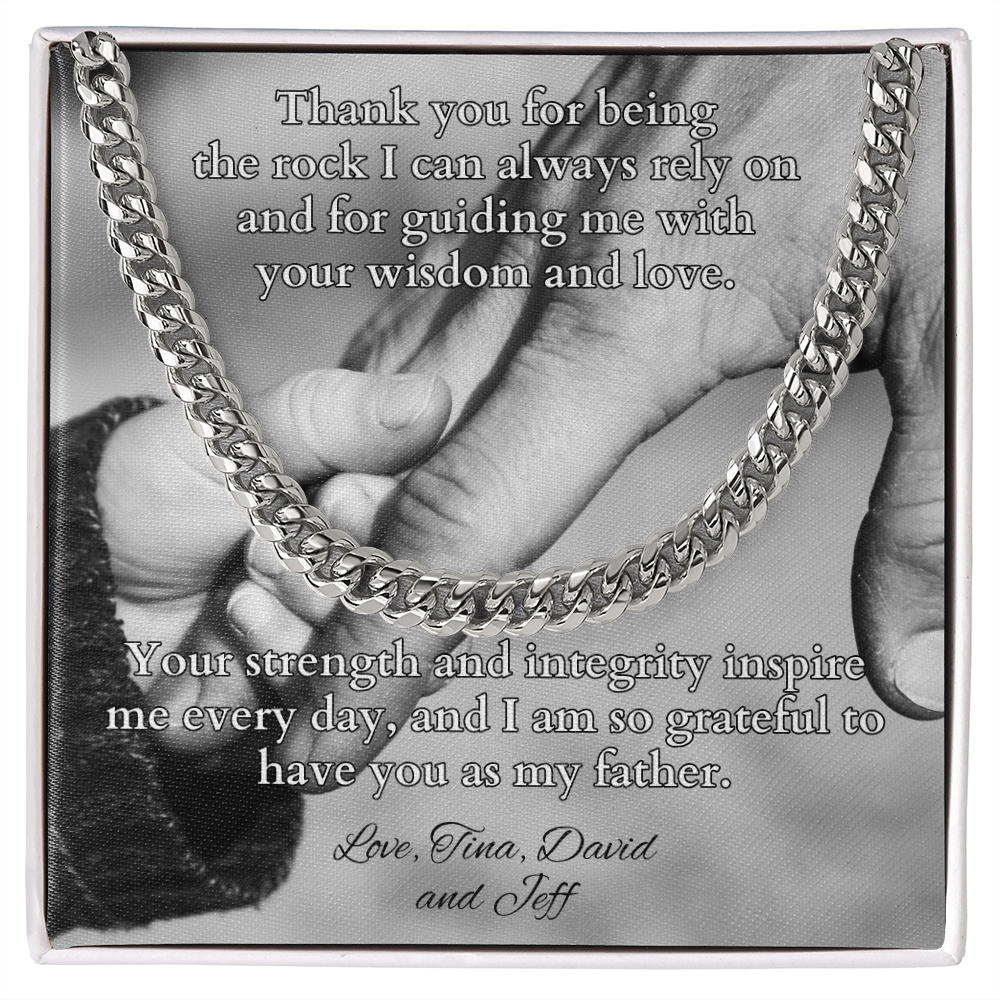 Cuban link chain necklace with “Thank You For Being The Rock” message – strong dad gift