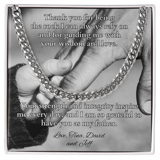 Cuban link chain necklace with “Thank You For Being The Rock” message – strong dad gift