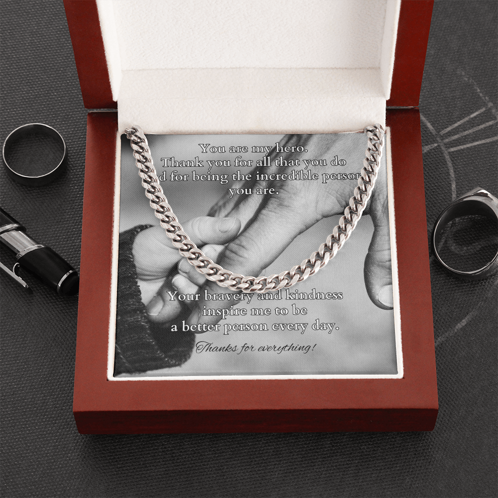 Cuban link chain with message card “You Are My Hero” – hero dad or father figure gift