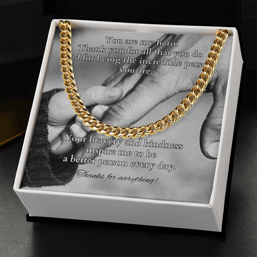 Cuban link chain with message card “You Are My Hero” – hero dad or father figure gift