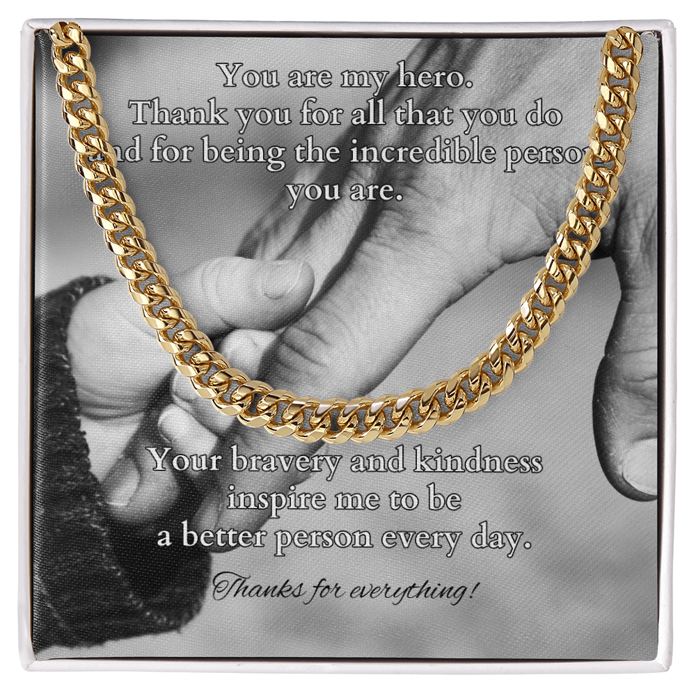 Cuban link chain with message card “You Are My Hero” – hero dad or father figure gift