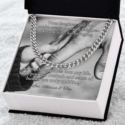 Cuban link chain with message “Your Laughter And Joy” – joyful dad keepsake necklace