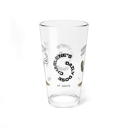 "Current Status: Thriving (Sort Of)" personalized funny pint glass with attitude and daily humor.