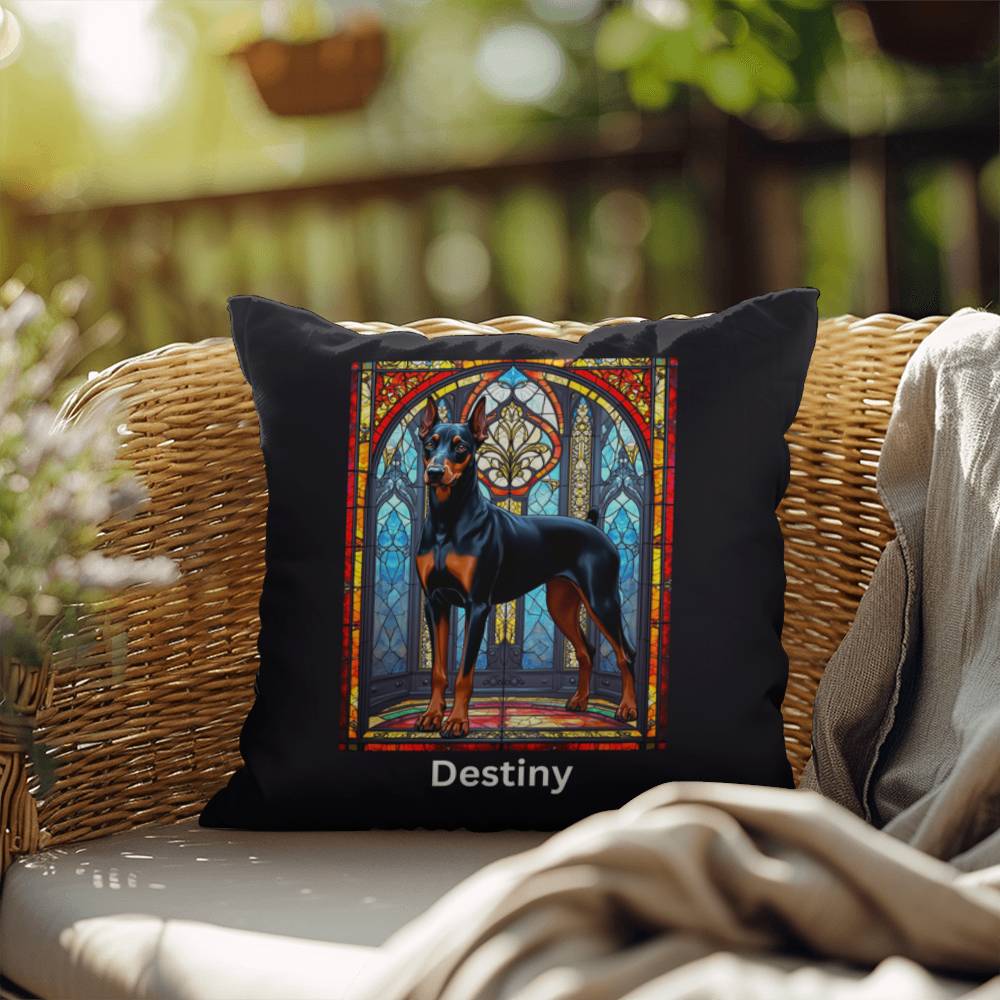 Black & Rust Doberman Stained Glass Pillow, personalized dog décor for indoor or outdoor use