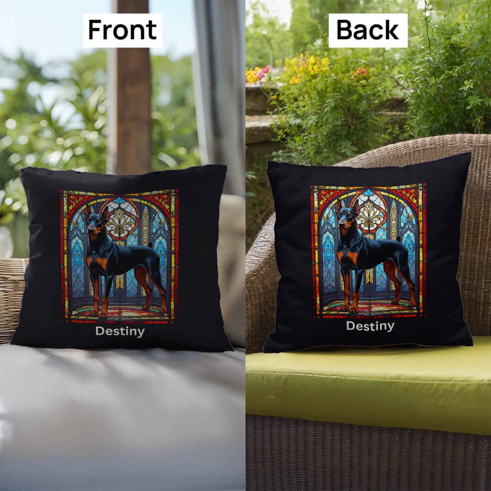 Black & Rust Doberman Stained Glass Pillow, personalized dog décor for indoor or outdoor use