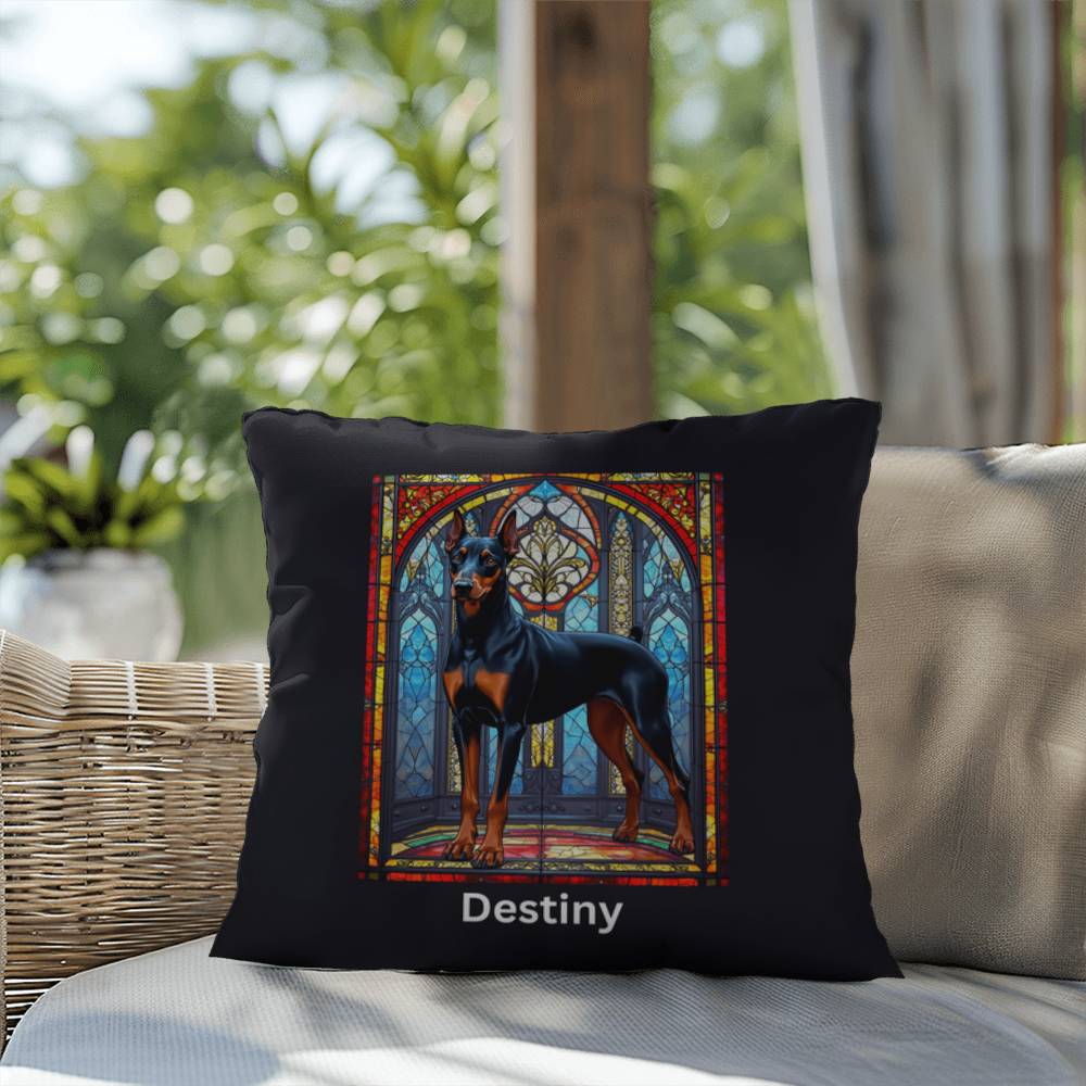 Black & Rust Doberman Stained Glass Pillow, personalized dog décor for indoor or outdoor use