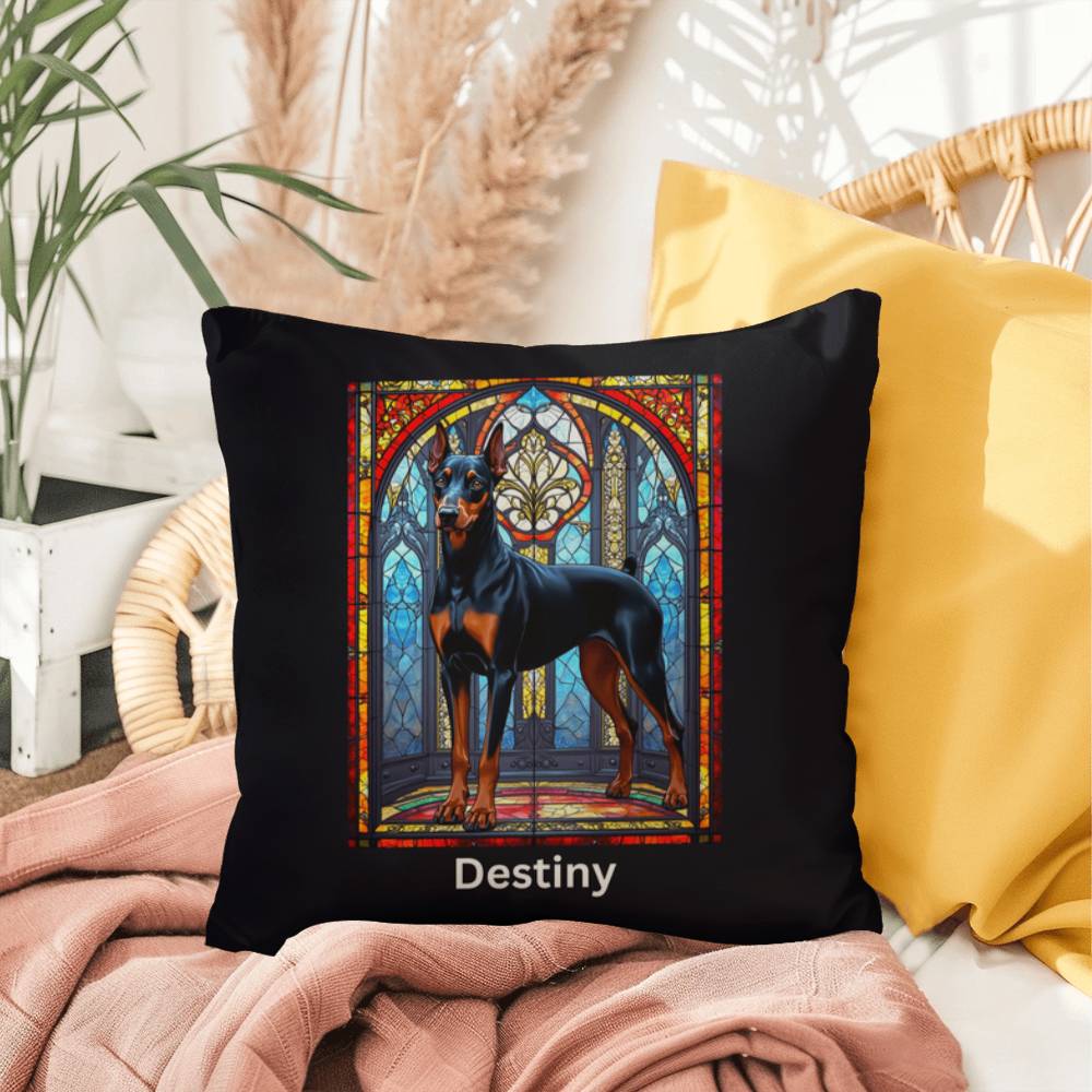 Black & Rust Doberman Stained Glass Pillow, personalized dog décor for indoor or outdoor use
