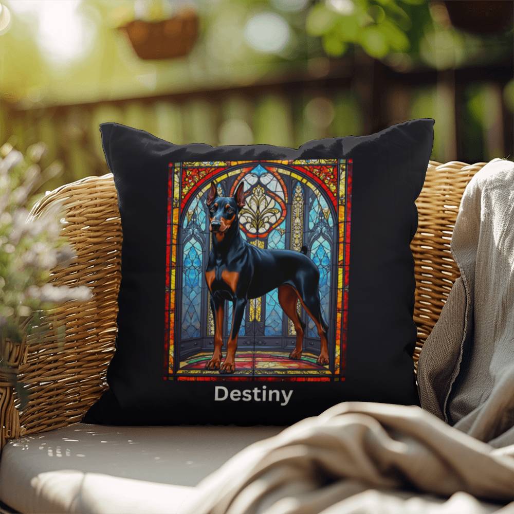 Black & Rust Doberman Stained Glass Pillow, personalized dog décor for indoor or outdoor use