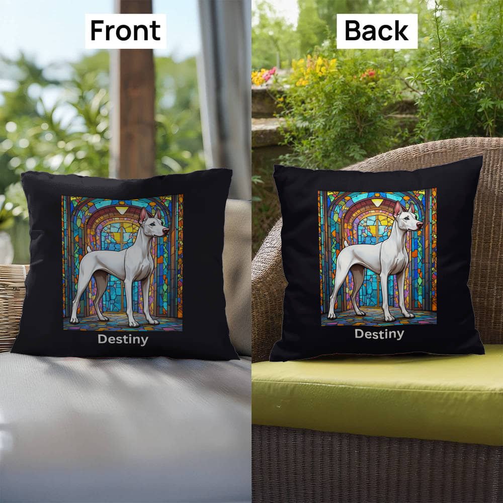White Doberman Stained Glass Pillow, custom home and porch décor for dog lovers