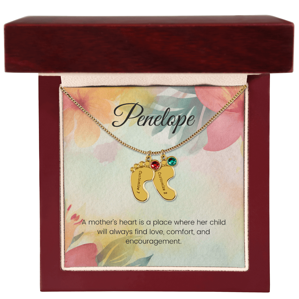 Engraved Baby Feet Necklace with Birthstone – A Mother's Heart: A Place of Love, Comfort & Encouragement | Perfect Gift for New Moms