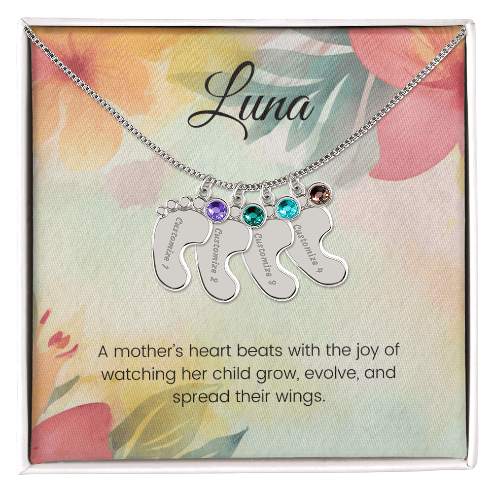 Engraved Baby Feet Necklace with Birthstone – A Mother's Heart Beats with Joy & Love for Her Child | Perfect Gift for New Moms