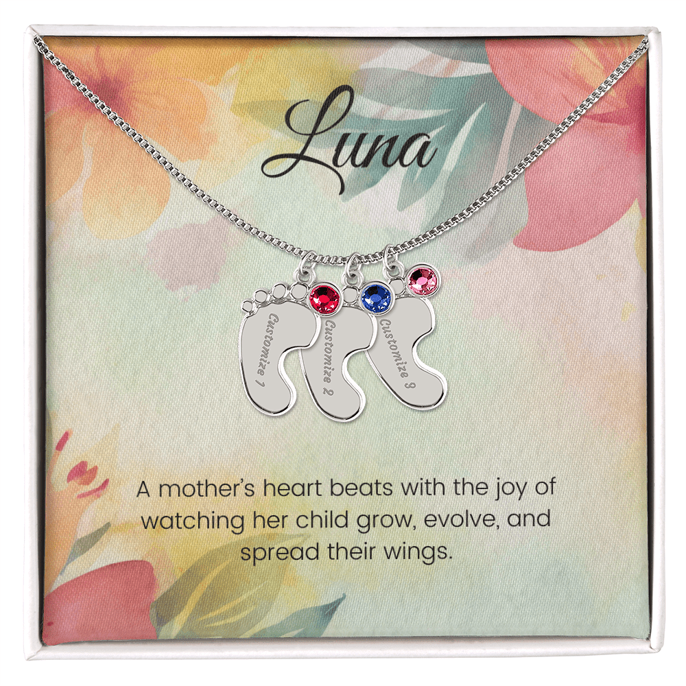 Engraved Baby Feet Necklace with Birthstone – A Mother's Heart Beats with Joy & Love for Her Child | Perfect Gift for New Moms