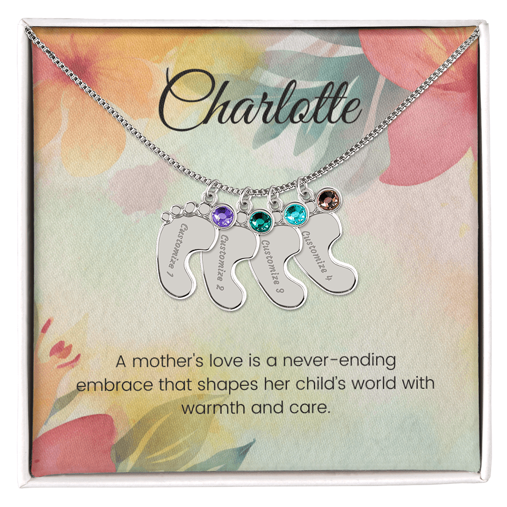 Engraved Baby Feet Necklace with Birthstone – A Mother's Love: A Never-Ending Embrace | Perfect Gift for New Moms