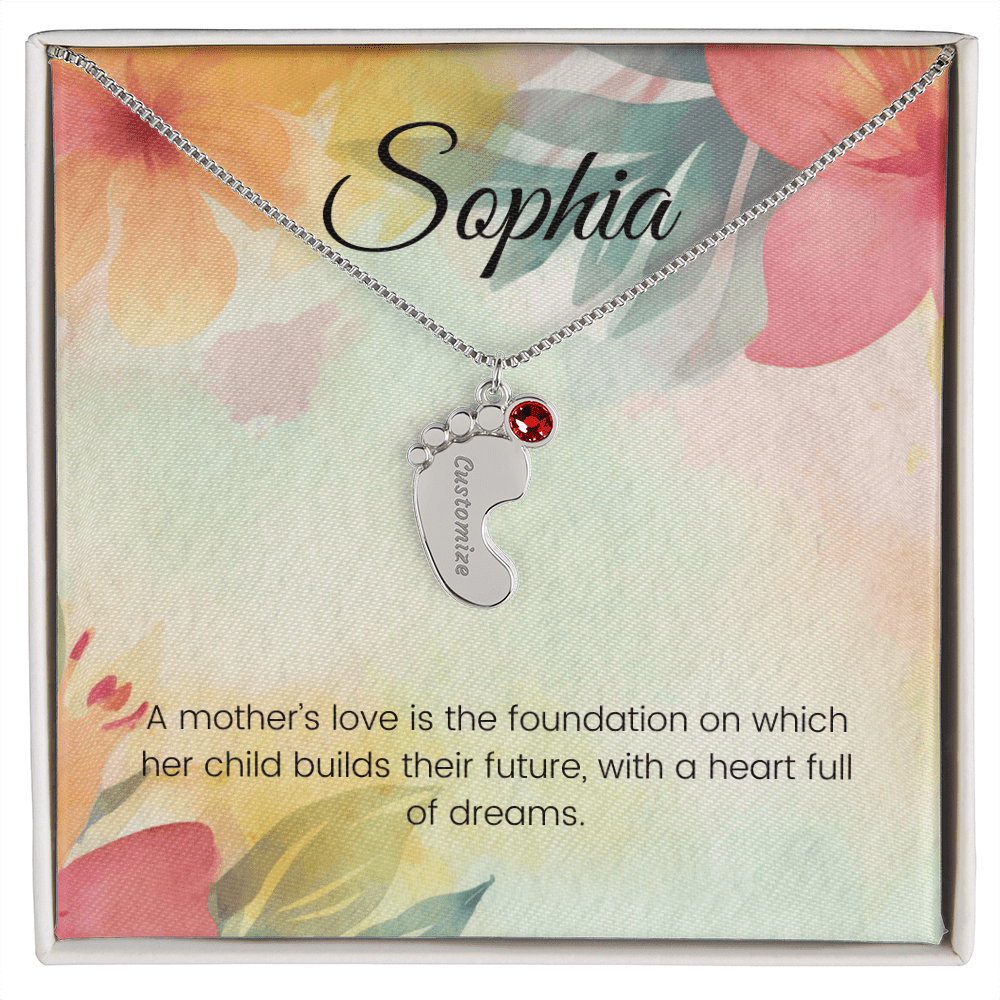 Engraved Baby Feet Necklace with Birthstone – A Mother's Love: Foundation of a Bright Future | Gift for New Moms