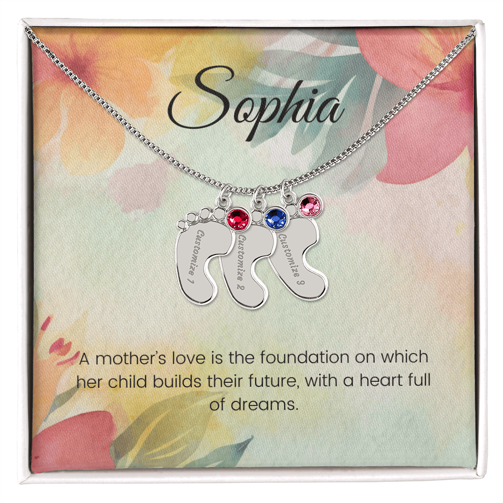 Engraved Baby Feet Necklace with Birthstone – A Mother's Love: Foundation of a Bright Future | Gift for New Moms
