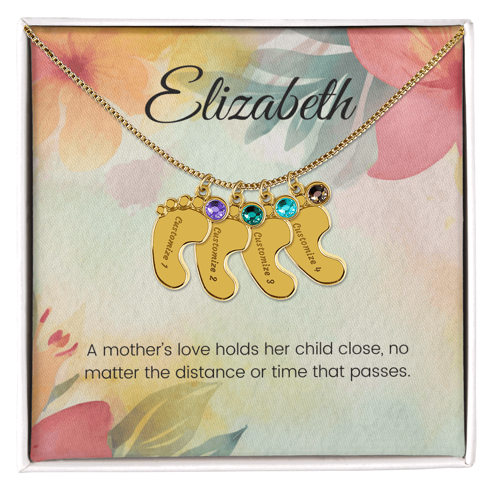 Engraved Baby Feet Necklace with Birthstone – A Mother's Love Holds Her Child Close, Always | Perfect Gift for New Moms