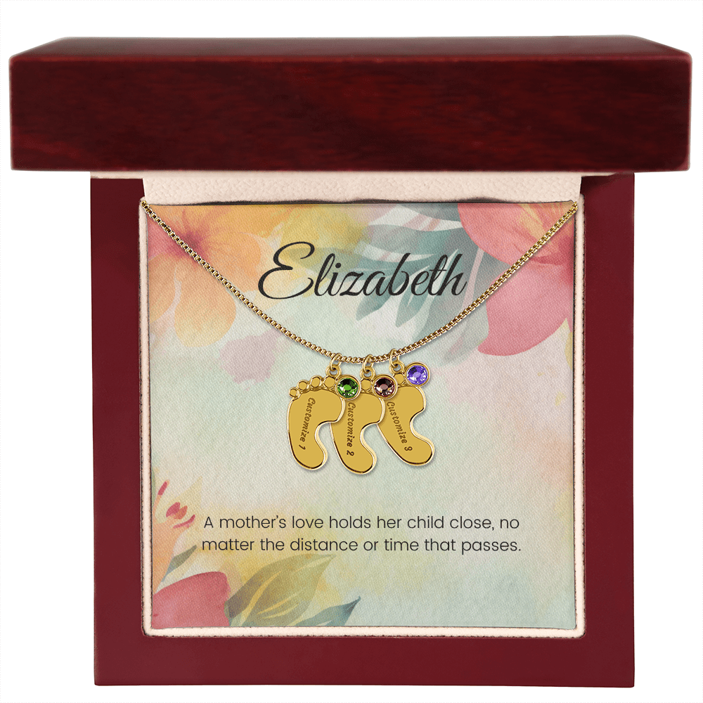 Engraved Baby Feet Necklace with Birthstone – A Mother's Love Holds Her Child Close, Always | Perfect Gift for New Moms