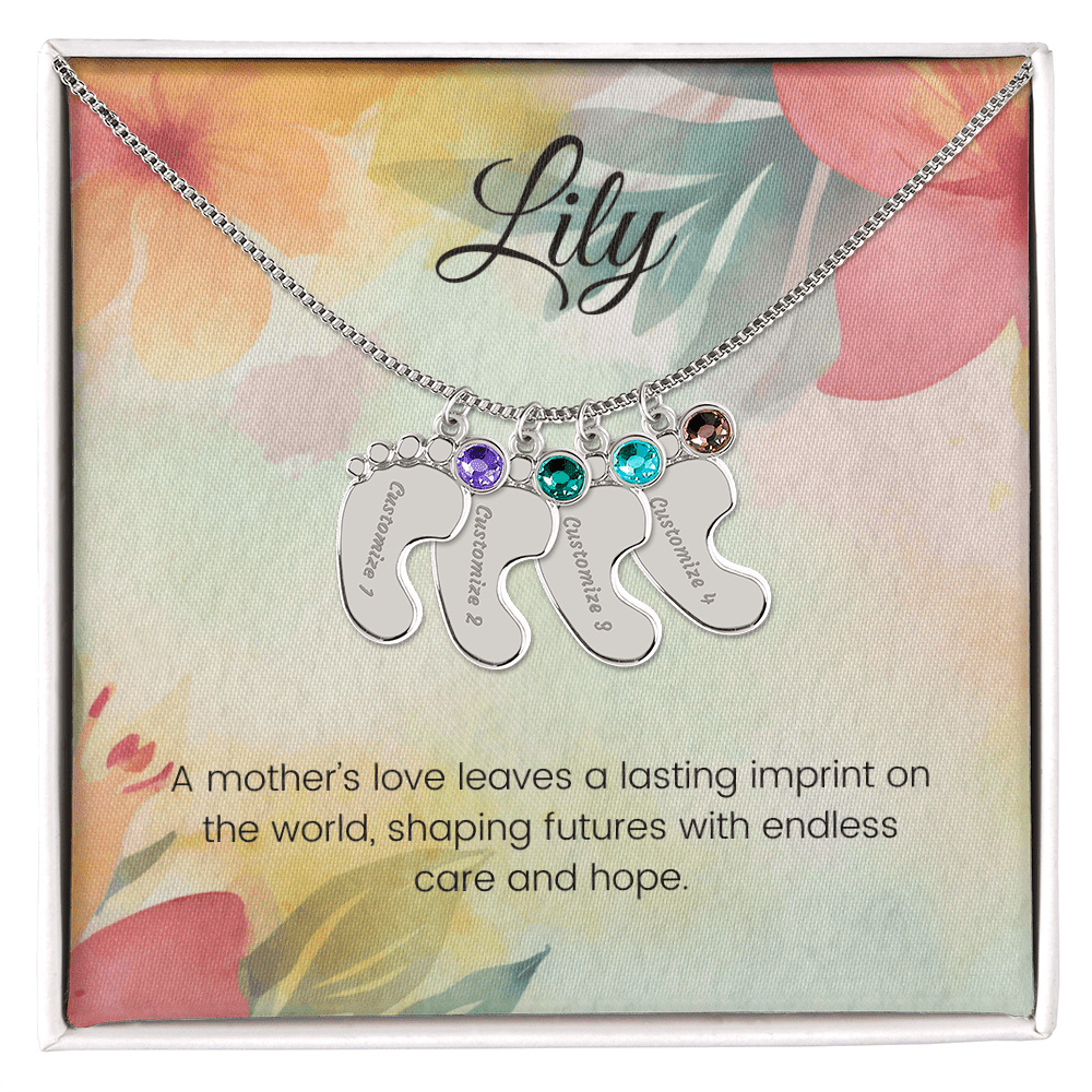 Engraved Baby Feet Necklace with Birthstone – A Mother's Love Leaves a Lasting Imprint on the World | Ideal Gift for New Moms