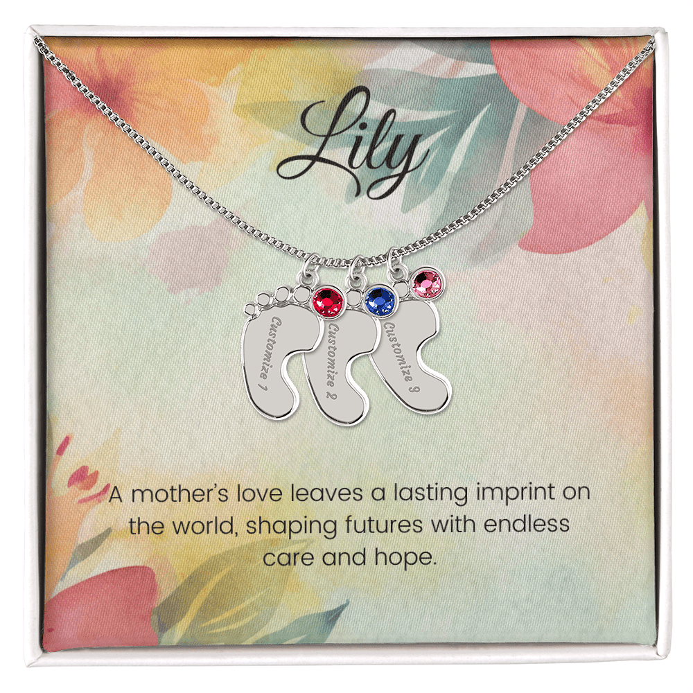 Engraved Baby Feet Necklace with Birthstone – A Mother's Love Leaves a Lasting Imprint on the World | Ideal Gift for New Moms