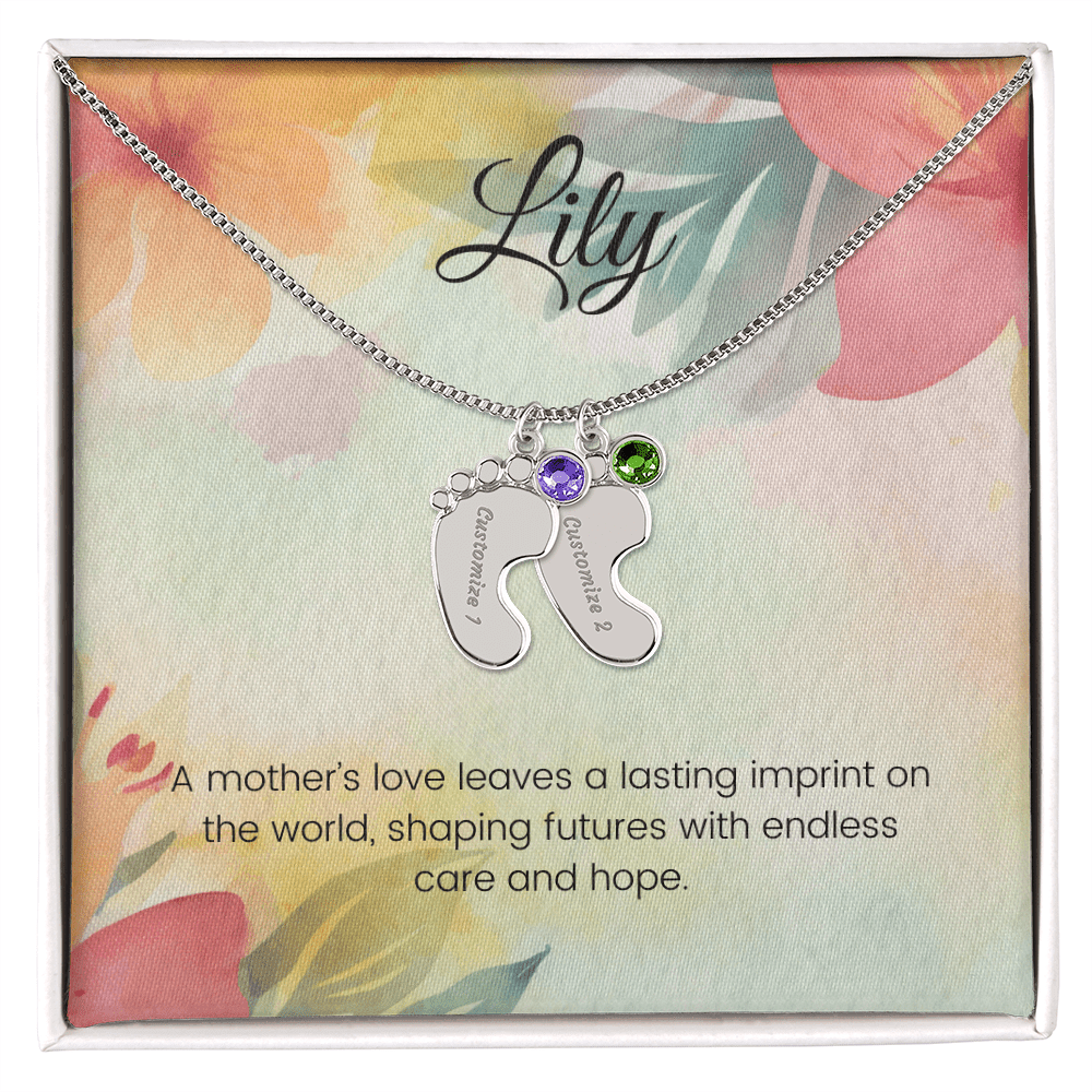 Engraved Baby Feet Necklace with Birthstone – A Mother's Love Leaves a Lasting Imprint on the World | Ideal Gift for New Moms